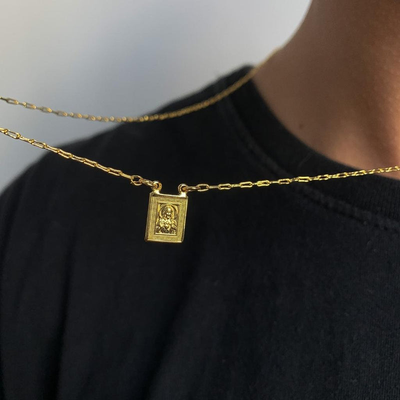 ESCAPULÁRIO SANTA E CRISTO ELO LONG - 70CM - BANHADO A OURO 18K.