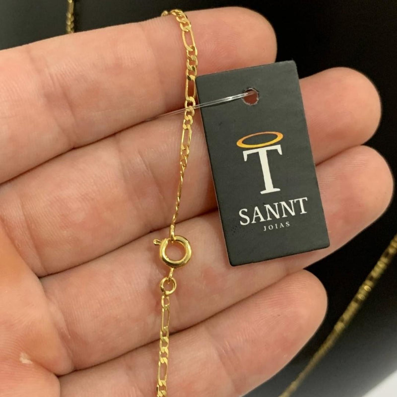 CORRENTE FIGARO 3X1 (1mm) + PINGENTE MINI PLACA CRUZ VAZADA - BANHADO A OURO 18K