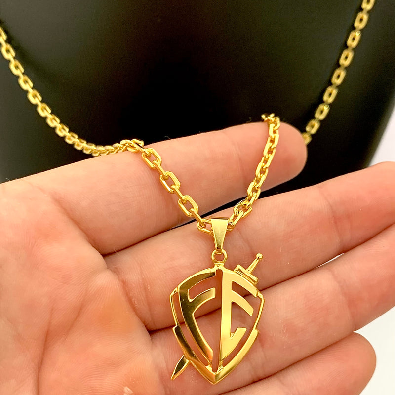 CORRENTE CADEADO (3mm) +  PINGENTE ESCUDO DA FÉ (3cm) - BANHADO A OURO 18K