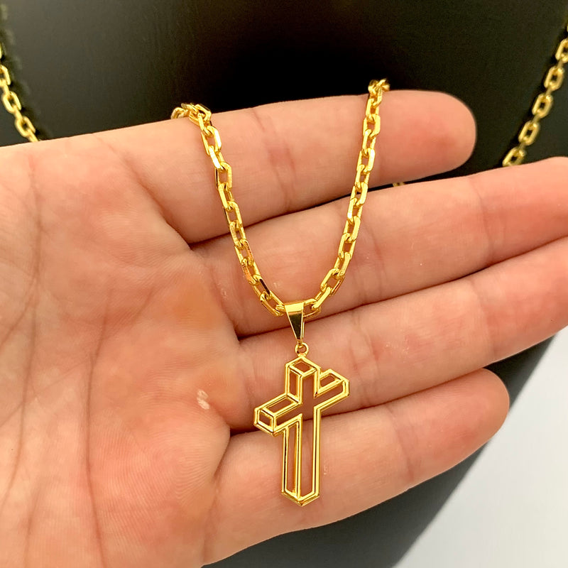 CORRENTE CADEADO (3mm) + PINGENTE DE CRUZ 3D CHAPADO (3,5cm) - BANHADO A OURO 18K