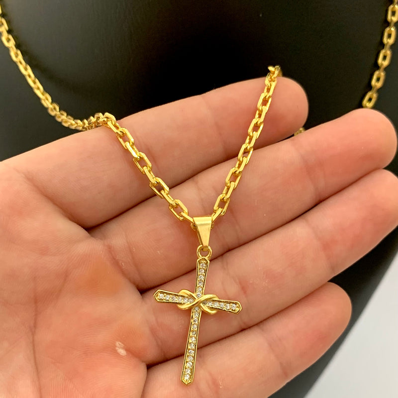 CORRENTE CADEADO (3mm) + PINGENTE CRUCIFIXO CRAVEJADO COM INFINITO (3,3cm) - BANHADO A OURO 18K