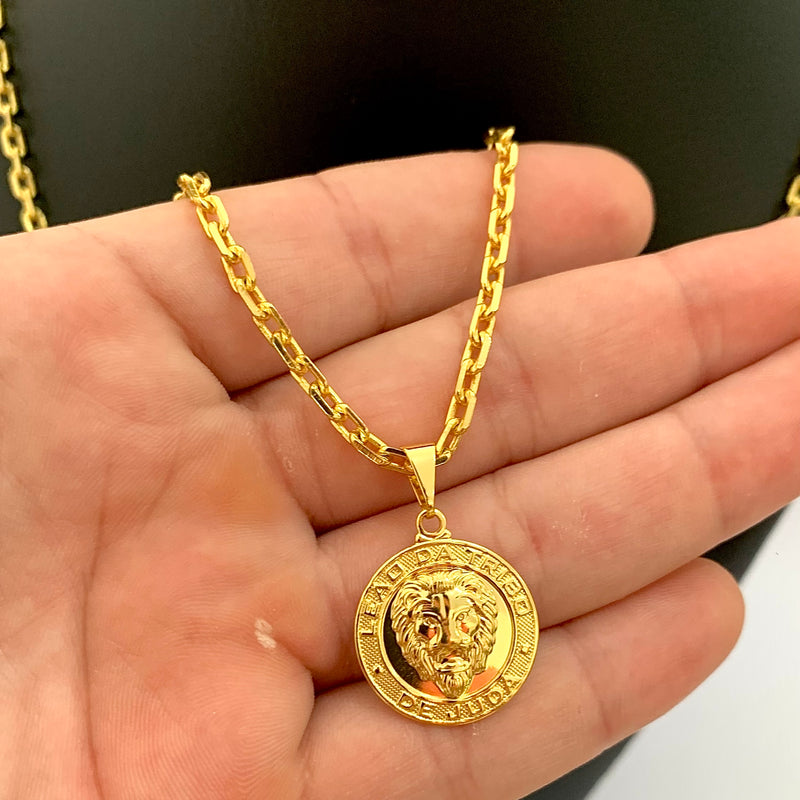 CORRENTE CADEADO (3mm) + PINGENTE MEDALHA LEÃO DA TRIBO DE JUDÁ (2,3cm) - BANHADO A OURO 18K
