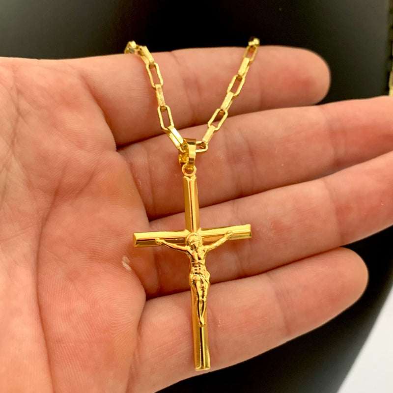 CORRENTE CADEADO LONG (4mm) + PINGENTE CRUCIFIXO CÔNCAVO COM CRISTO (4,5cm) - BANHADO A OURO 18K