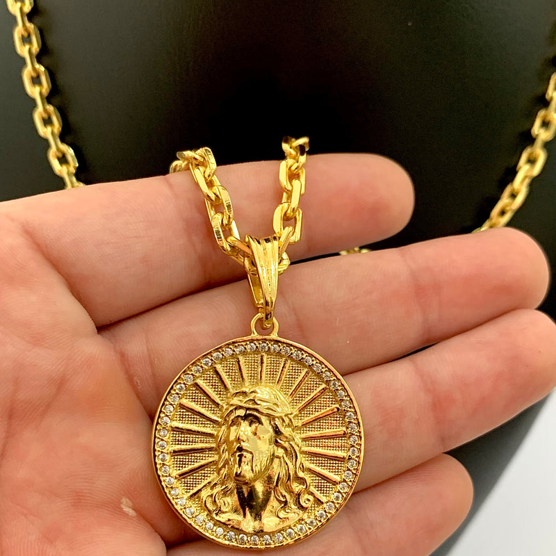 CORRENTE CADEADO (5mm) + PINGENTE MEDALHA FACE DE CRISTO CRAVEJADO (4,9cm) - BANHADO A OURO 18K