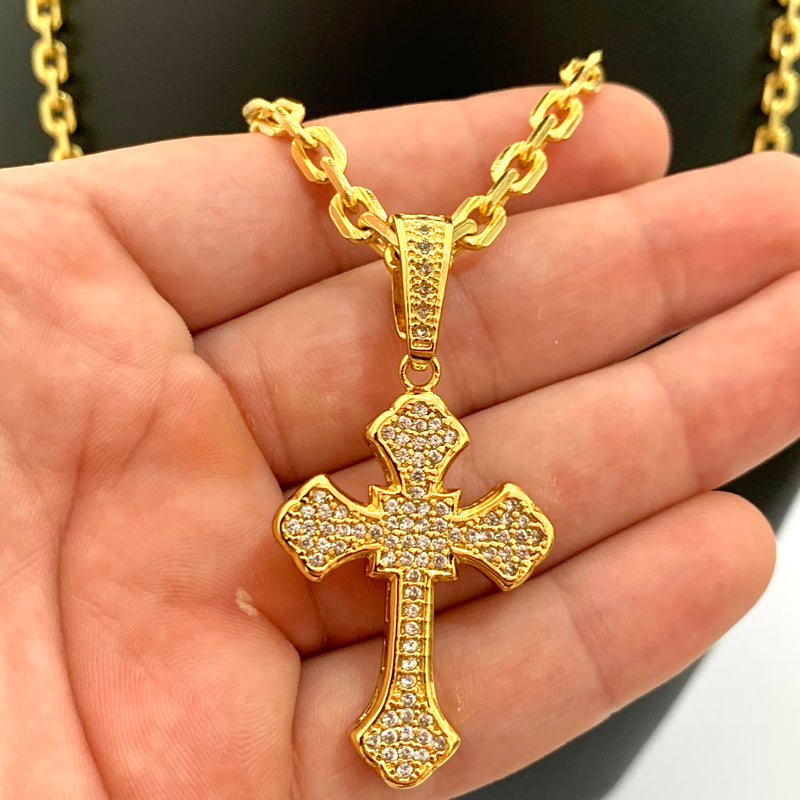 CORRENTE CADEADO (5mm) + PINGENTE CRUZ CRAVEJADA ALTO RELEVO (5,6cm) - BANHADO A OURO 18K