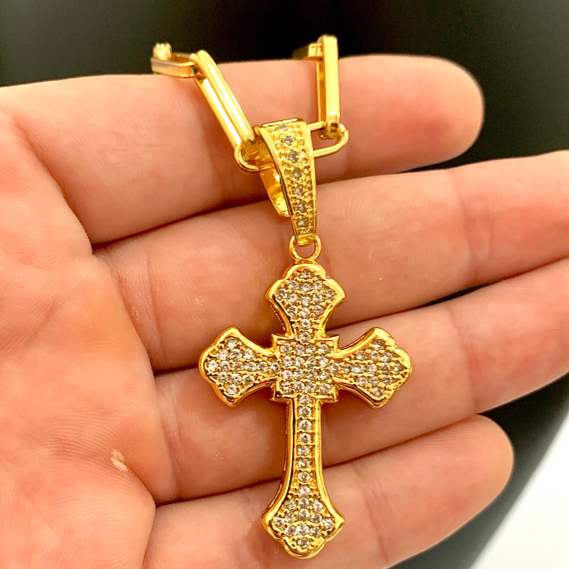 CORRENTE CADEADO LONG (6mm) + PINGENTE CRUZ CRAVEJADA ALTO RELEVO (5,6cm) - BANHADO A OURO 18K