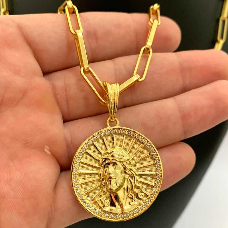 CORRENTE CADEADO LONG (6mm) + PINGENTE MEDALHA FACE DE CRISTO CRAVEJADO (4,9cm)  - BANHADO A OURO 18K