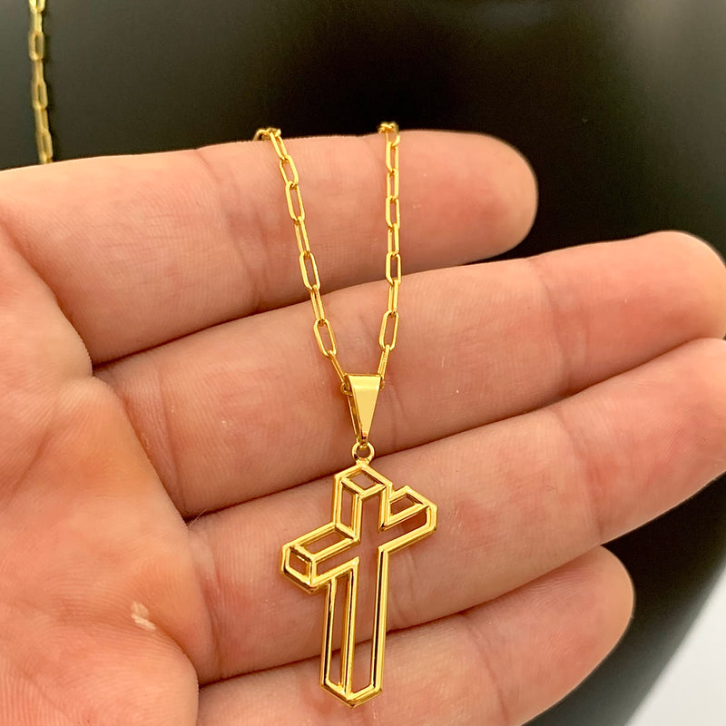 CORRENTE CADEADO FINO (1mm) + PINGENTE DE CRUZ 3D CHAPADO (3,5cm)- BANHADO A OURO 18K