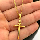 CORRENTE CADEADO FINO (1mm) + PINGENTE CRUZ PALITO (2,9cm) - BANHADO A OURO 18K