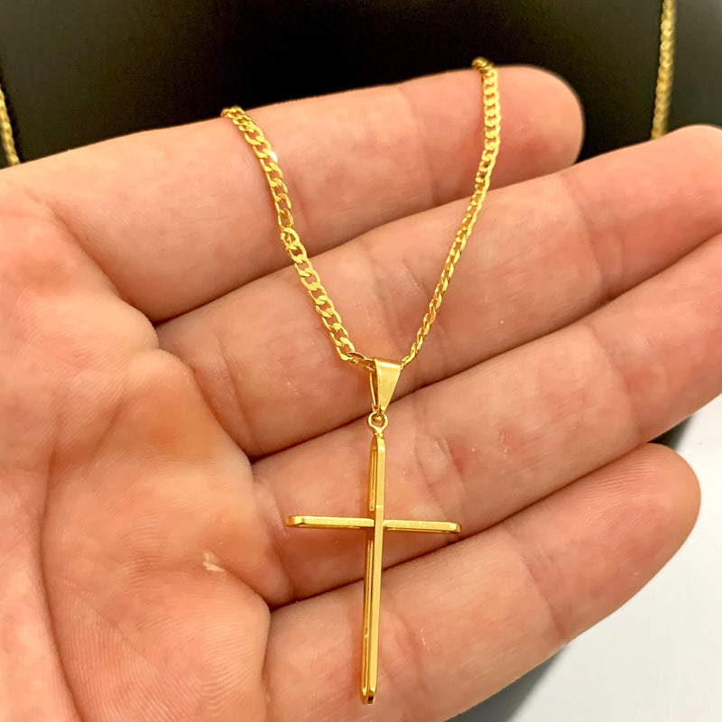 CORRENTE GRUMET (2mm) + PINGENTE CRUCIFIXO 3D VAZADO (2,8cm)  - BANHADO A OURO 18K