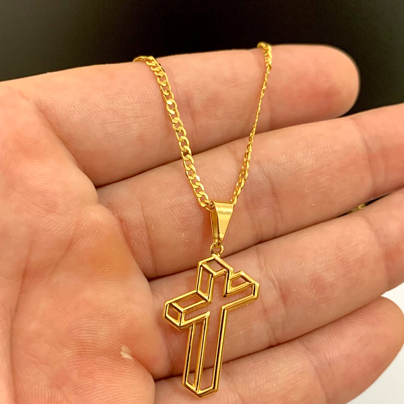 CORRENTE GRUMET (2mm) + PINGENTE DE CRUZ 3D CHAPADO (3,5cm)- BANHADO A OURO 18K