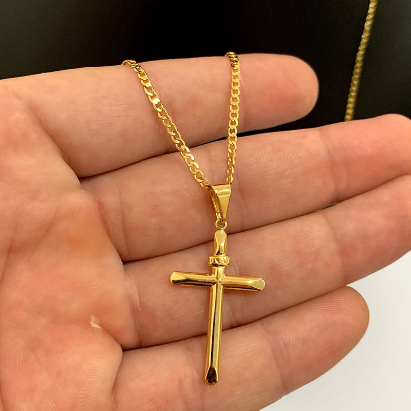 CORRENTE GRUMET (2mm) + PINGENTE CRUZ PALITO (2,9cm) - BANHADO A OURO 18K