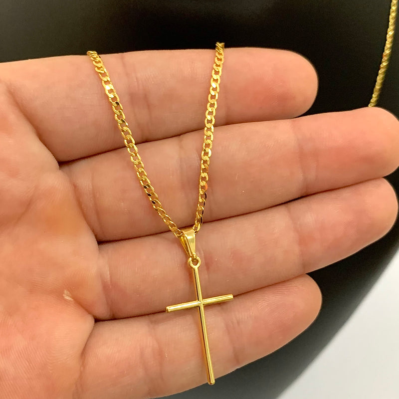 CORRENTE GRUMET (2mm) + PINGENTE CRUZ PALITO MÉDIA (2,8cm) - BANHADO A OURO 18K