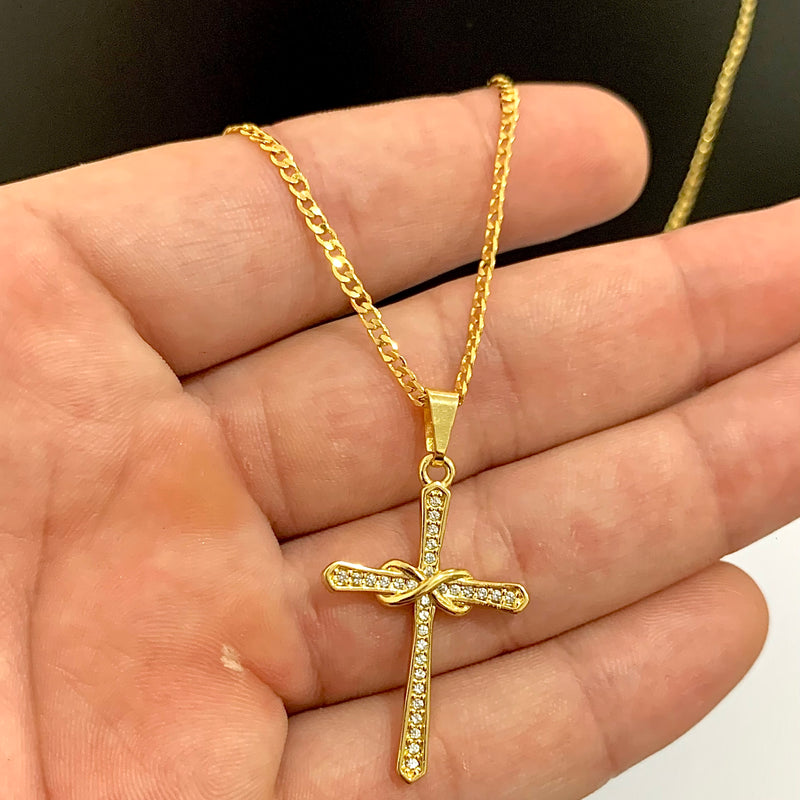 CORRENTE GRUMET (2mm) + PINGENTE CRUCIFIXO CRAVEJADO COM INFINITO (3,3cm) - BANHADO A OURO 18K