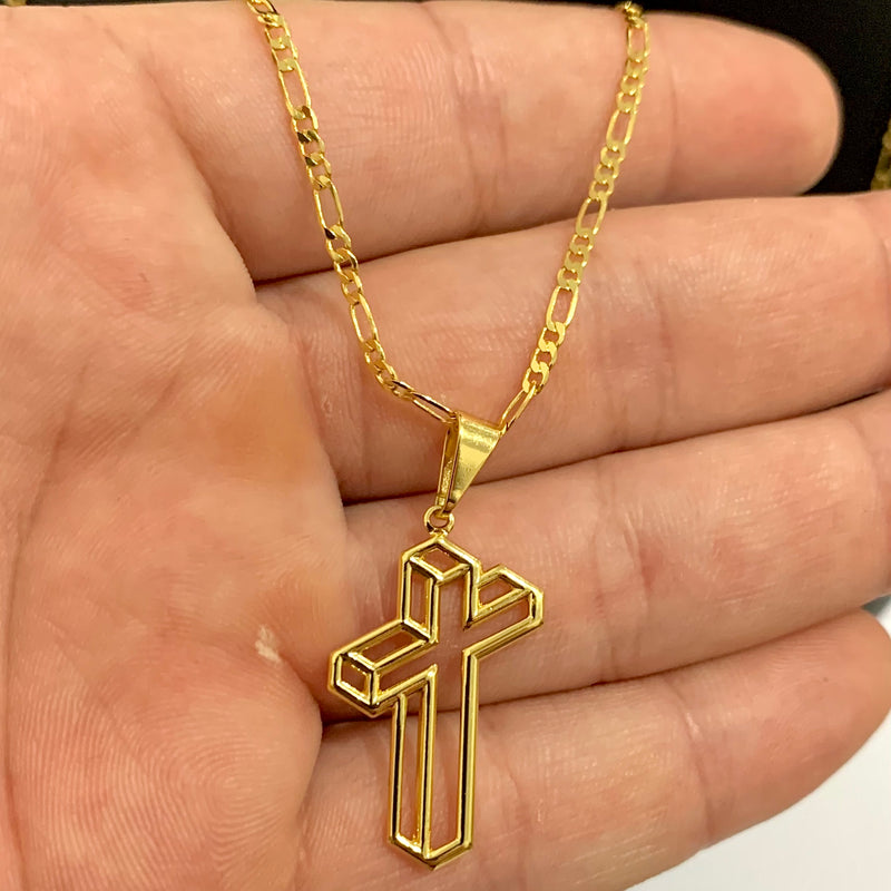CORRENTE FIGARO 3X1 (1mm) + PINGENTE DE CRUZ 3D CHAPADO (3,5cm) - BANHADO A OURO 18K
