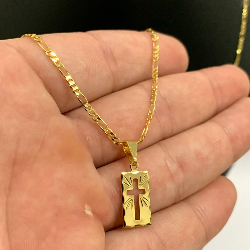CORRENTE FIGARO 3X1 (1mm) + PINGENTE MINI PLACA CRUZ VAZADA - BANHADO A OURO 18K