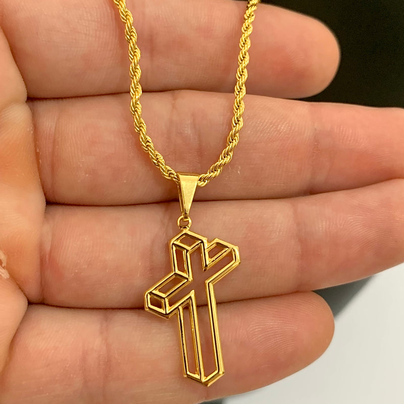 CORRENTE ELO BAIANO (2mm) + PINGENTE DE CRUZ 3D CHAPADO (3,5cm)- BANHADO A OURO 18K
