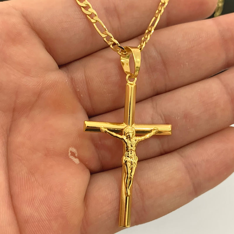 CORRENTE FIGARO 3X1 (3mm) + PINGENTE CRUCIFIXO CÔNCAVO COM CRISTO (4,5cm) - BANHADO A OURO 18K