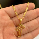 CORRENTE FIGARO 3X1 (3mm) + PINGENTE DE CRUZ 3D CHAPADO (3,5cm)- BANHADO A OURO 18K