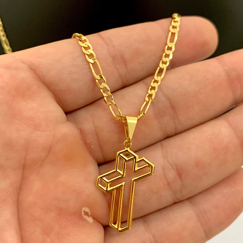 CORRENTE FIGARO 3X1 (3mm) + PINGENTE DE CRUZ 3D CHAPADO (3,5cm)- BANHADO A OURO 18K