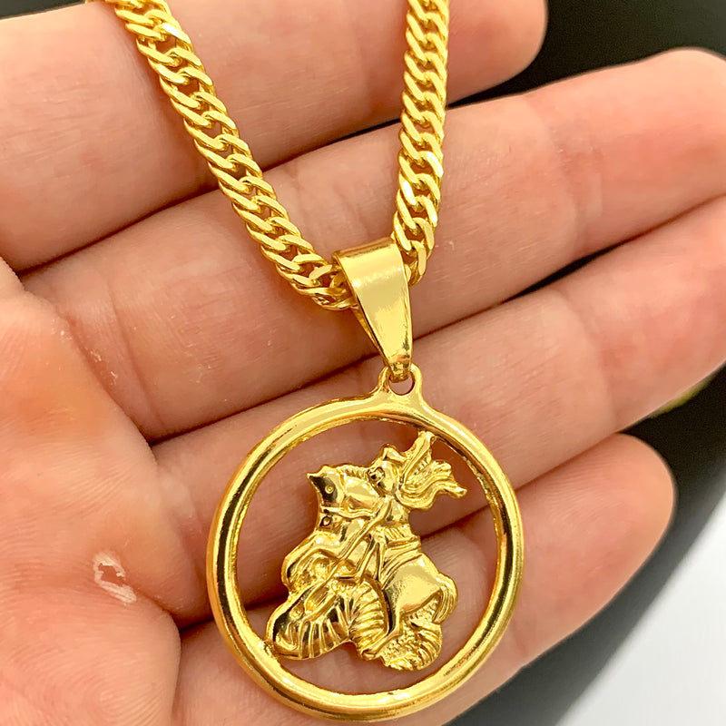 CORRENTE GRUMET DUPLA (4mm) + PINGENTE SÃO JORGE REDONDO (3,5cm) - BANHADO A OURO 18K