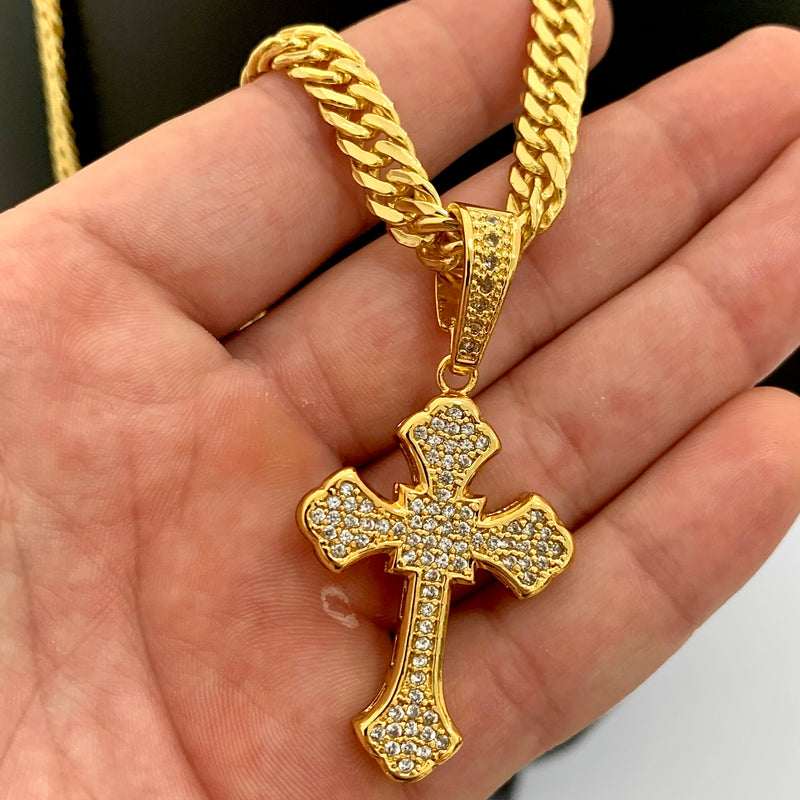 CORRENTE GRUMET DUPLA (6mm) + PINGENTE CRUZ CRAVEJADA ALTO RELEVO (5,6cm) - BANHADO A OURO 18K