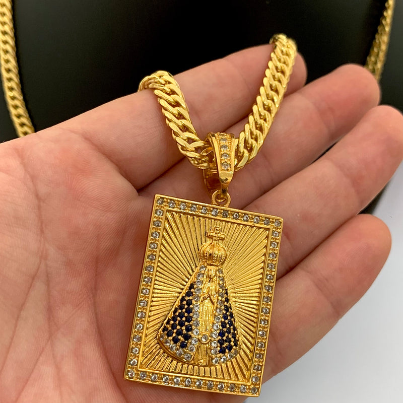CORRENTE GRUMET DUPLA (6mm) + PINGENTE PLACA NOSSA SENHORA APARECIDA (4cm) - BANHADO A OURO 18K