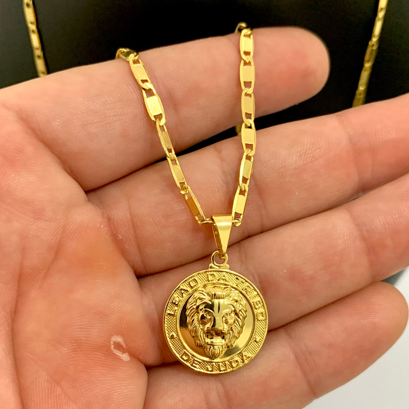 CORRENTE PIASTRINE (4mm) + PINGENTE MEDALHA LEÃO DA TRIBO DE JUDÁ (2,3cm) - BANHADO A OURO 18K