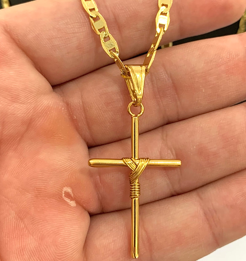 CORRENTE PIASTRINE (4mm) + PINGENTE CRUZ ARAMADA (3,8cm)- BANHADO A OURO 18K