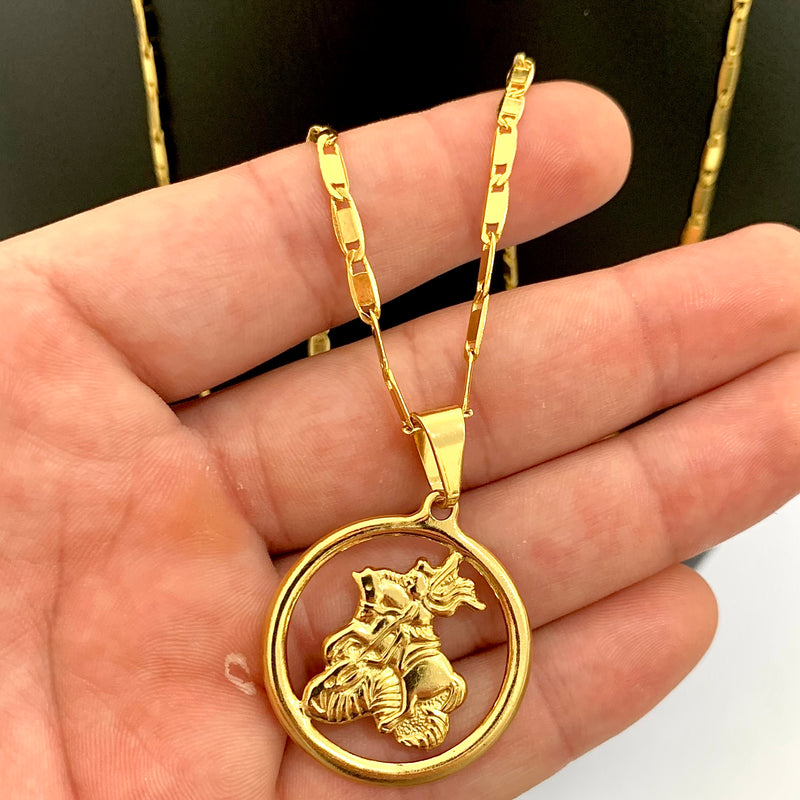 CORRENTE PIASTRINE (4mm) + PINGENTE SÃO JORGE REDONDO (3,5cm) - BANHADO A OURO 18K
