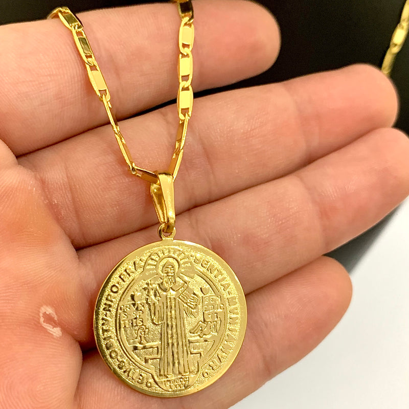 CORRENTE PIASTRINE (4mm) + PINGENTE MEDALHA SÃO BENTO (2,5cm) - BANHADO A OURO 18K