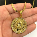 CORRENTE CADEADO FLAT (4mm) + PINGENTE MEDALHA FACE DE CRISTO CRAVEJADO (4,9cm)  - BANHADO A OURO 18K