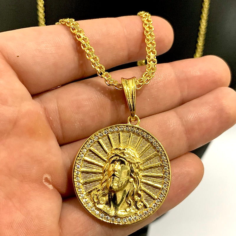 CORRENTE CADEADO DUPLO (4mm) + PINGENTE MEDALHA FACE DE CRISTO CRAVEJADO (4,9cm)  - BANHADO A OURO 18K