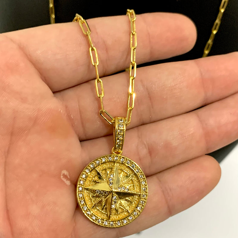CORRENTE CADEADO FINO (2mm) + PINGENTE ROSA DOS VENTOS (2,5cm) - BANHADO A OURO 18K