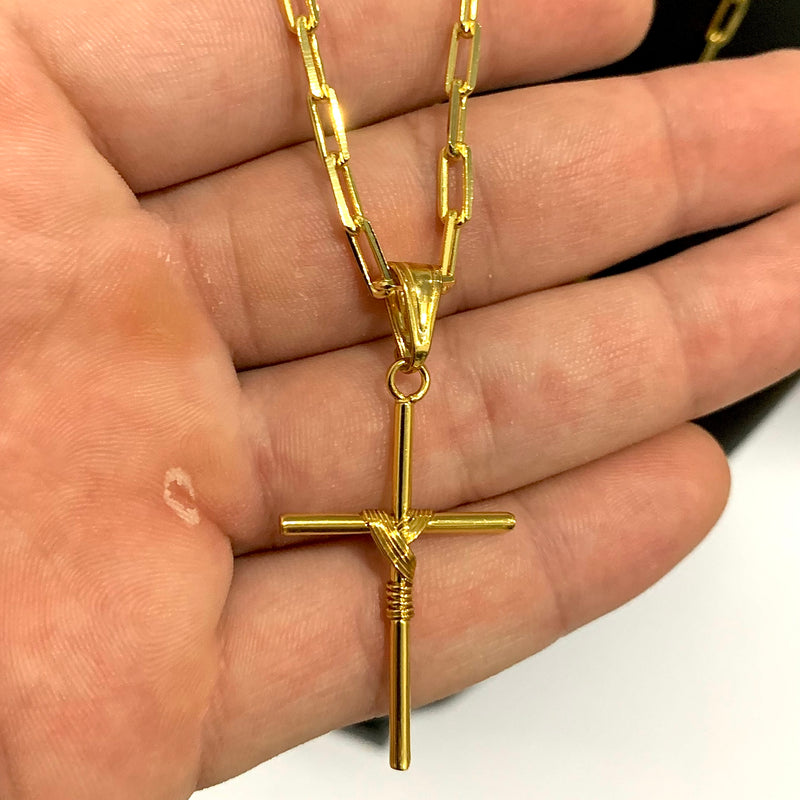 CORRENTE CADEADO FINO (2mm) + PINGENTE CRUZ ARAMADA (3,8cm)- BANHADO A OURO 18K