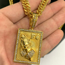 CORRENTE GRUMET DUPLA (10mm) + PINGENTE PLACA FÉ CRAVEJADA (4cm) - BANHADO A OURO 18K