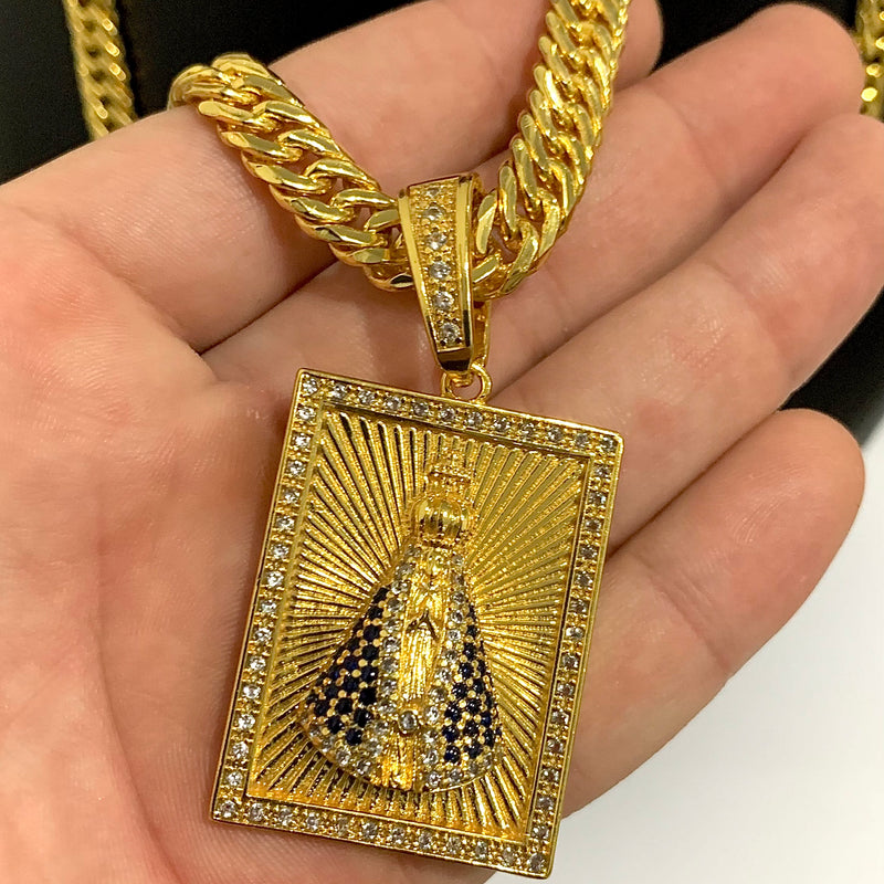 CORRENTE GRUMET DUPLA (10mm) + PINGENTE PLACA NOSSA SENHORA APARECIDA (4cm) - BANHADO A OURO 18K