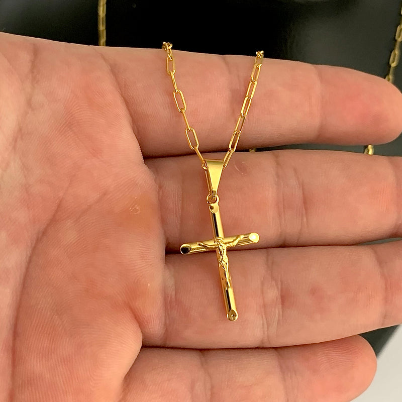 CORRENTE CADEADO FINO (1mm) + PINGENTE CRUZ COM CRISTO(2,5cm) - BANHADO A OURO 18K