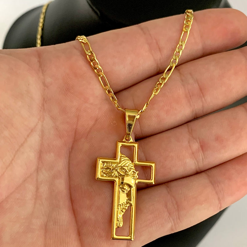 CORRENTE FIGARO 3X1 (3mm) + PINGENTE CRUZ COM FACE DE JESUS (3,8cm)- BANHADO A OURO 18K