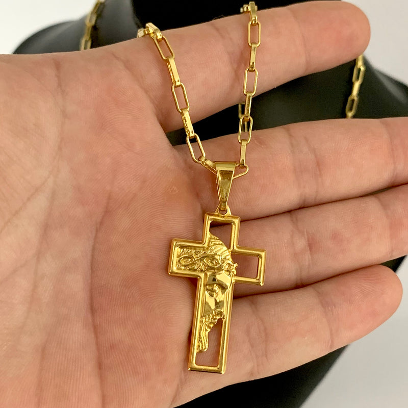 CORRENTE CADEADO LONG (4mm) + PINGENTE CRUZ COM FACE DE JESUS (3,8cm)- BANHADO A OURO 18K