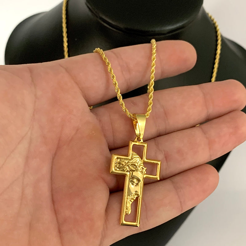 CORRENTE ELO BAIANO (2mm) + PINGENTE CRUZ COM FACE DE JESUS (3,8cm)- BANHADO A OURO 18K