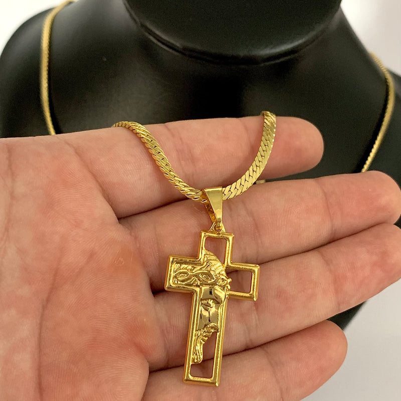 CORRENTE CADEADO FLAT (4mm) + PINGENTE CRUZ COM FACE DE JESUS (3,8cm)- BANHADO A OURO 18K