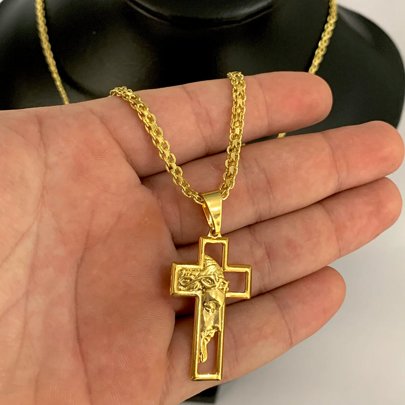 CORRENTE CADEADO DUPLO (4mm) + PINGENTE CRUZ COM FACE DE JESUS (3,8cm)- BANHADO A OURO 18K