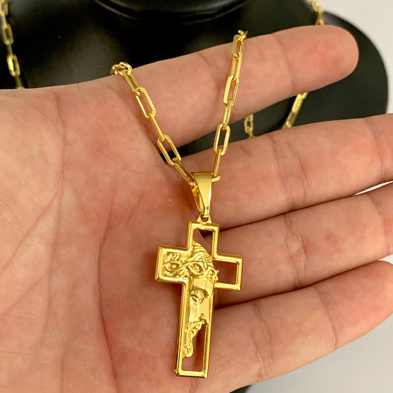 CORRENTE CADEADO FINO (2mm) + PINGENTE CRUZ COM FACE DE JESUS (3,8cm)- BANHADO A OURO 18K