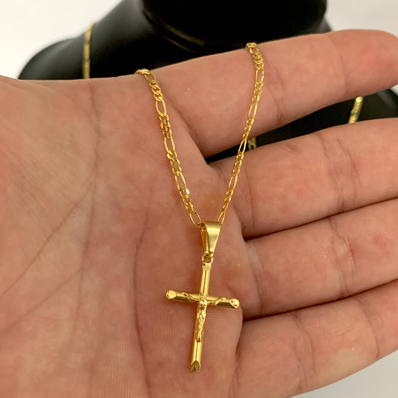 CORRENTE FIGARO 3X1 (1mm) + PINGENTE CRUZ COM CRISTO (2,5CM) - BANHADO A OURO 18K