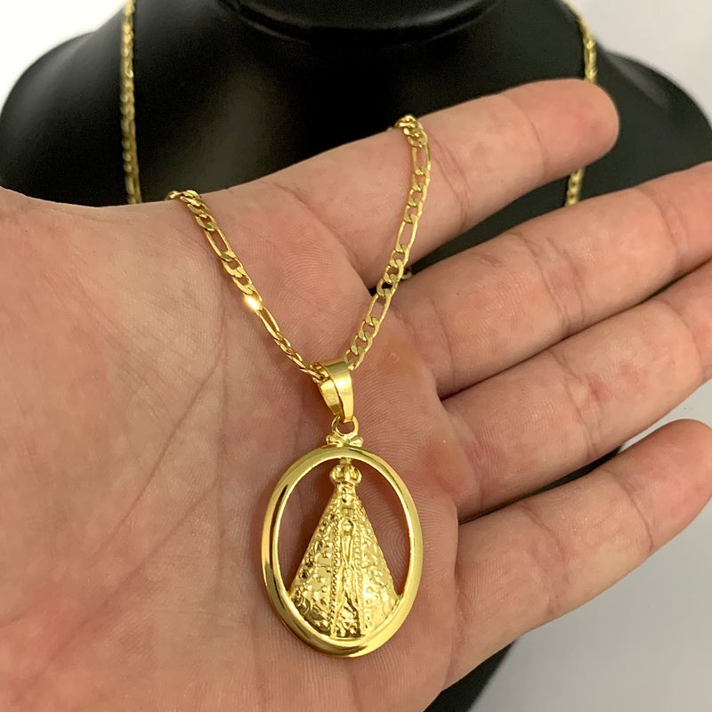 CORRENTE FIGARO 3X1 (3mm) + PINGENTE MEDALHA OVAL NOSSA SENHORA (4,5cm) - BANHADO A OURO 18K