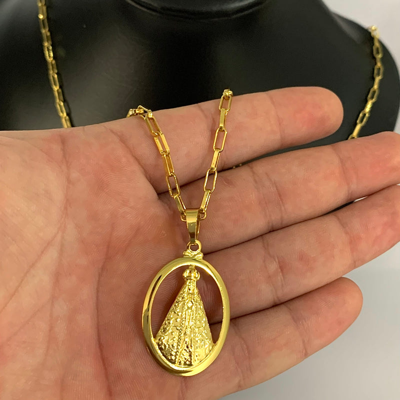 CORRENTE CADEADO LONG (4mm) + PINGENTE MEDALHA OVAL NOSSA SENHORA (4,5cm) - BANHADO A OURO 18K