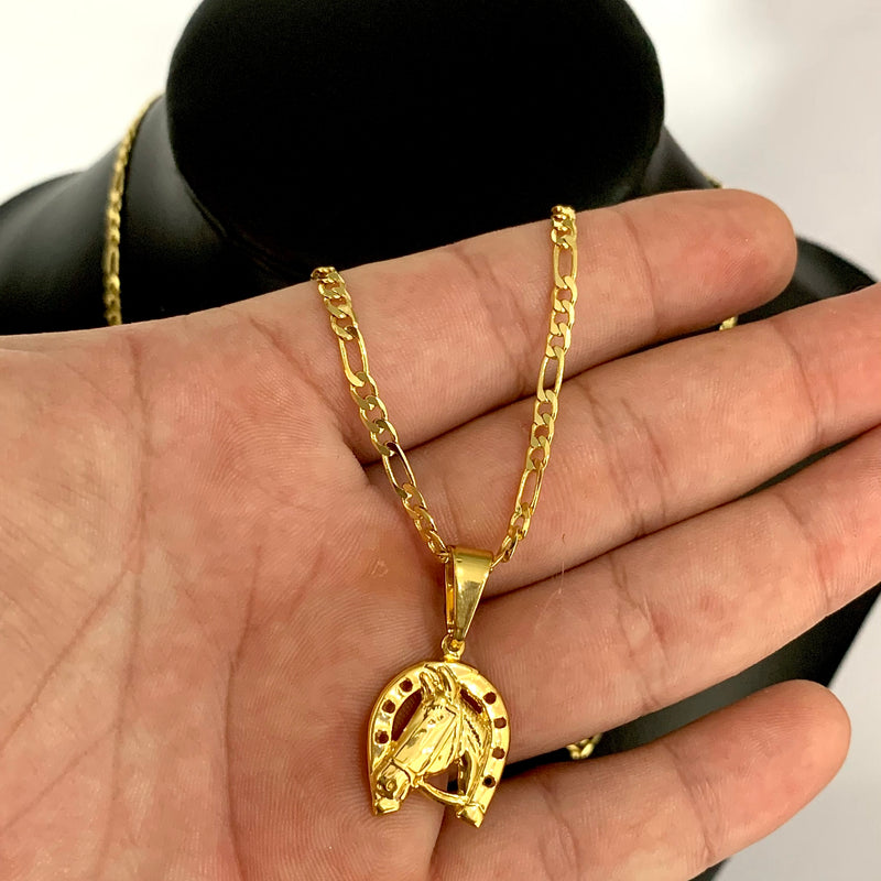 CORRENTE FIGARO 3x1 (3mm) + PINGENTE FERRADURA (2cm) - BANHADO A OURO 18K