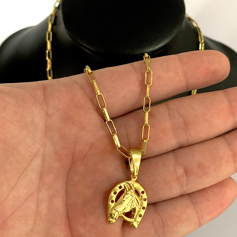 CORRENTE CADEADO LONG (4mm) + PINGENTE FERRADURA (2cm) - BANHADO A OURO 18K