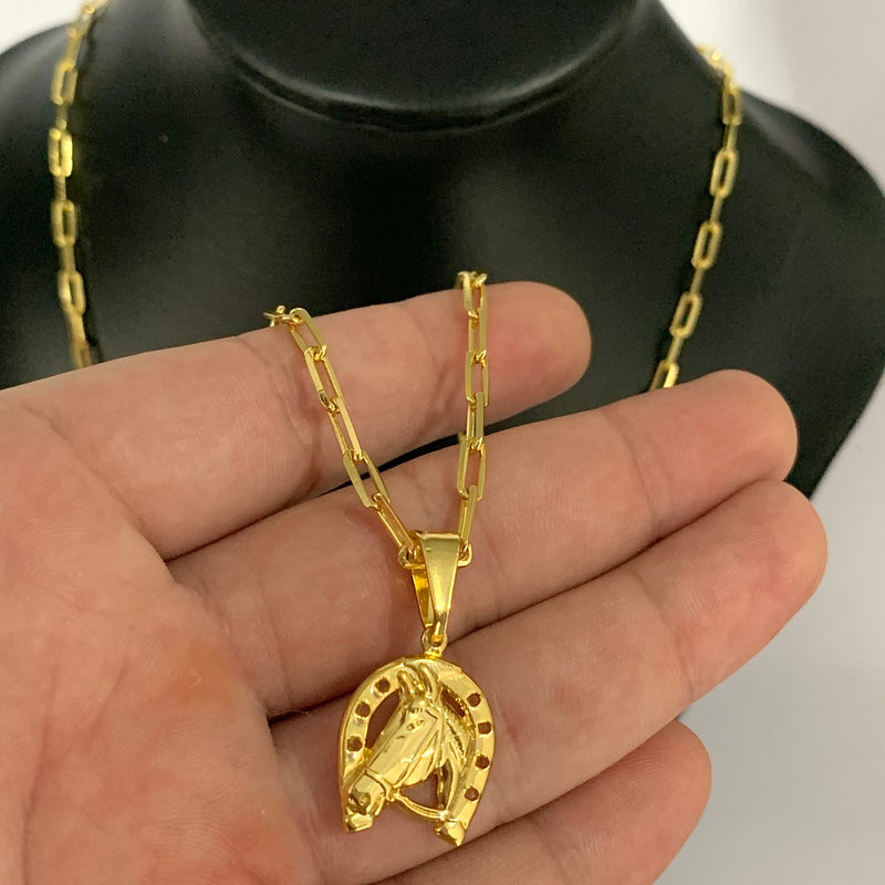 CORRENTE CADEADO FINO  (2mm) + PINGENTE FERRADURA (2cm) - BANHADO A OURO 18K